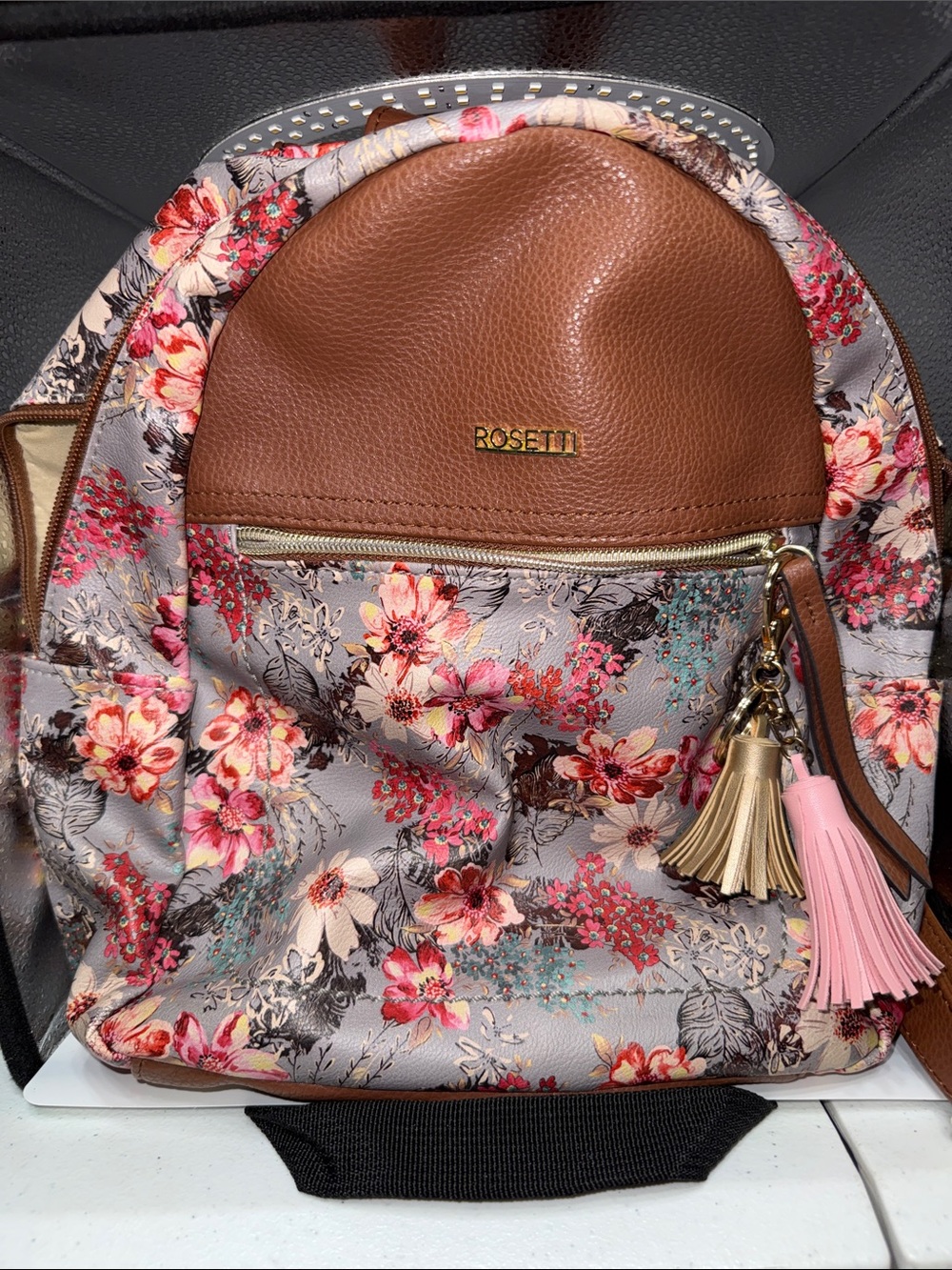 Rosetti Brown & Pink Floral Backpack with Tassel Charm